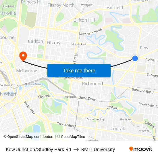 Kew Junction/Studley Park Rd to RMIT University map