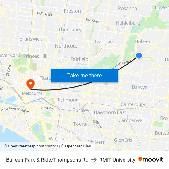 Bulleen Park & Ride/Thompsons Rd to RMIT University map