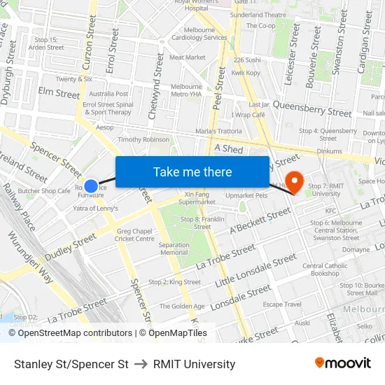 Stanley St/Spencer St to RMIT University map