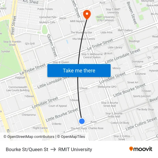 Bourke St/Queen St to RMIT University map