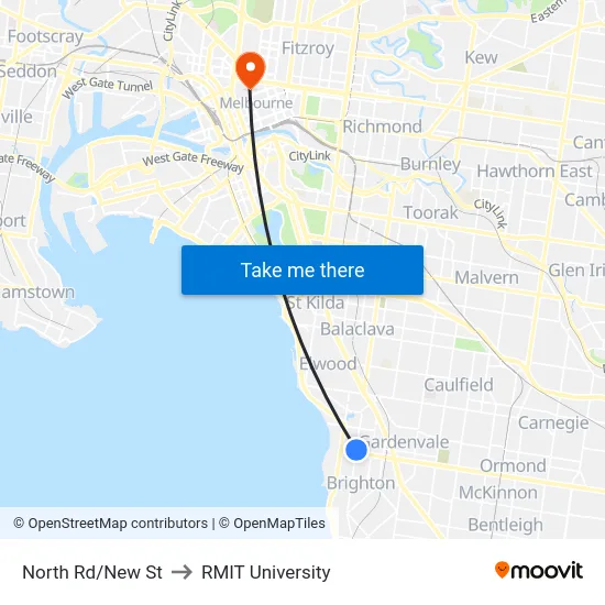 North Rd/New St to RMIT University map