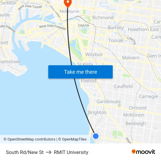South Rd/New St to RMIT University map