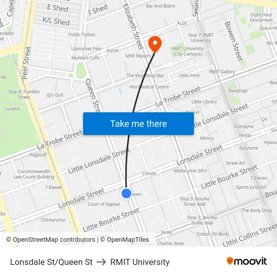 Lonsdale St/Queen St to RMIT University map