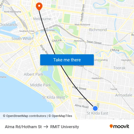 Alma Rd/Hotham St to RMIT University map