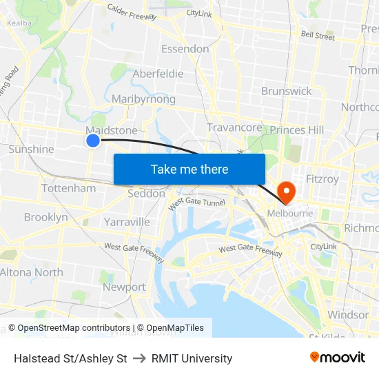 Halstead St/Ashley St to RMIT University map