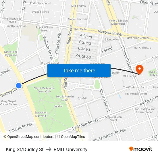 King St/Dudley St to RMIT University map