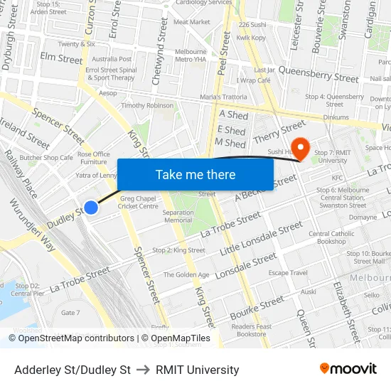 Adderley St/Dudley St to RMIT University map