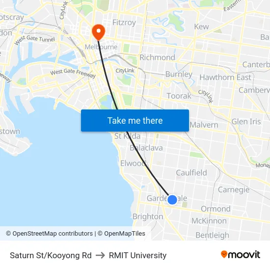 Saturn St/Kooyong Rd to RMIT University map