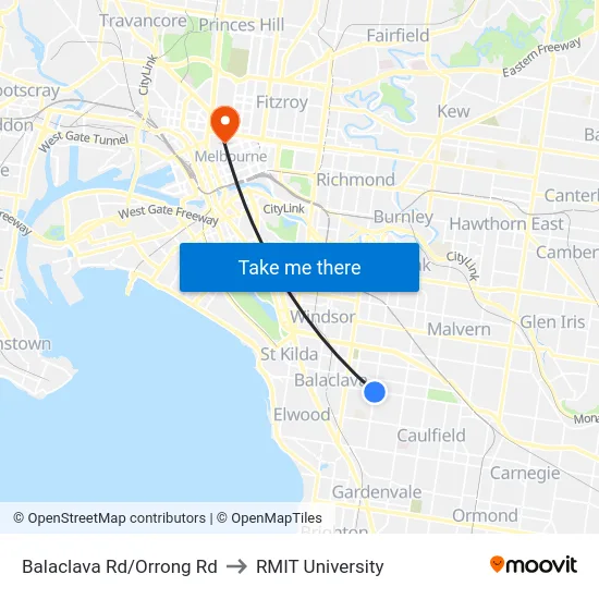 Balaclava Rd/Orrong Rd to RMIT University map