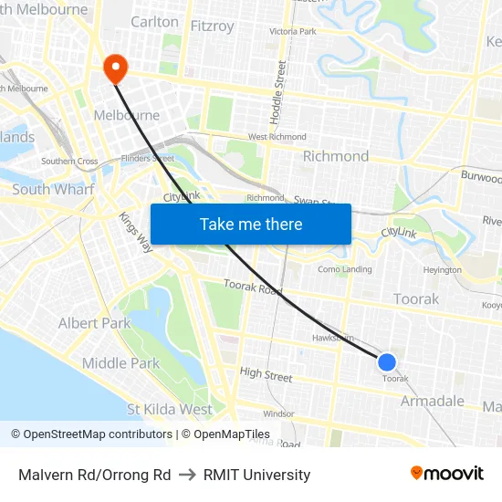 Malvern Rd/Orrong Rd to RMIT University map