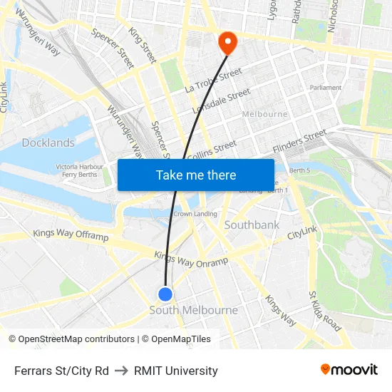 Ferrars St/City Rd to RMIT University map