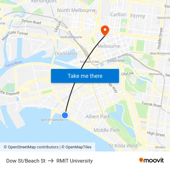 Dow St/Beach St to RMIT University map