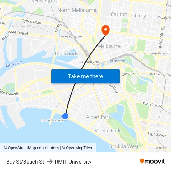 Bay St/Beach St to RMIT University map