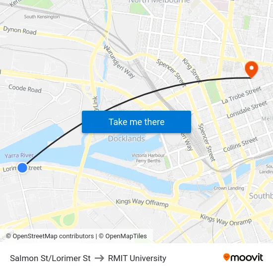 Salmon St/Lorimer St to RMIT University map