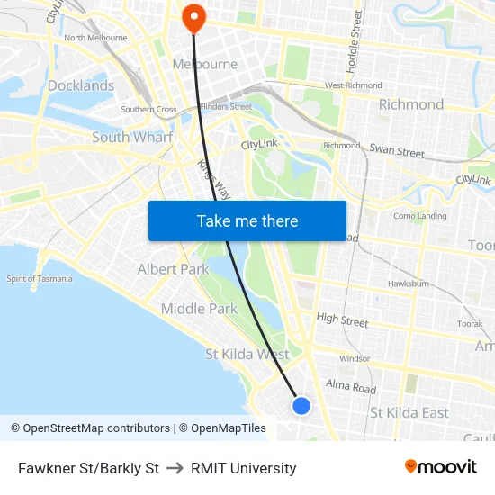 Fawkner St/Barkly St to RMIT University map