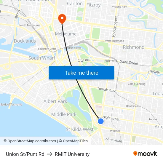 Union St/Punt Rd to RMIT University map