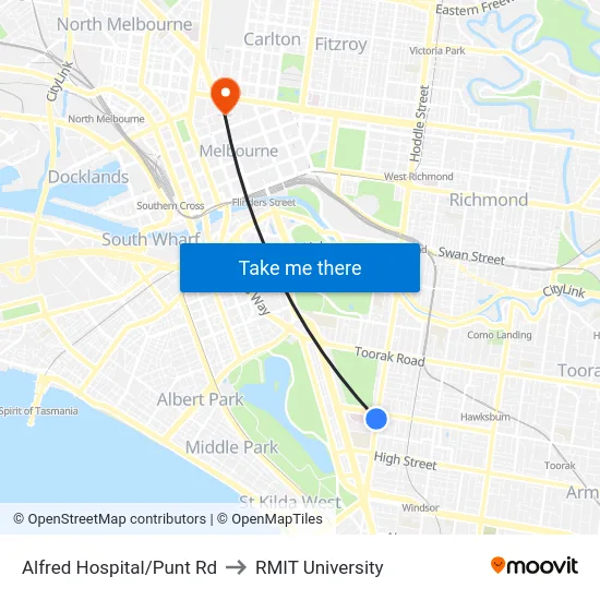 Alfred Hospital/Punt Rd to RMIT University map