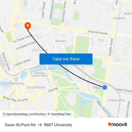 Swan St/Punt Rd to RMIT University map