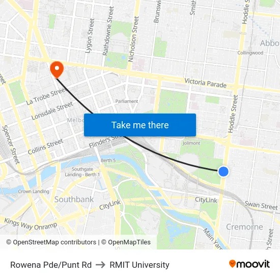 Rowena Pde/Punt Rd to RMIT University map