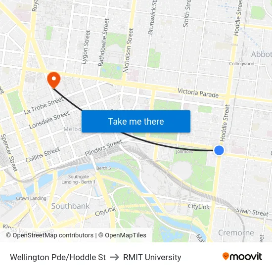 Wellington Pde/Hoddle St to RMIT University map