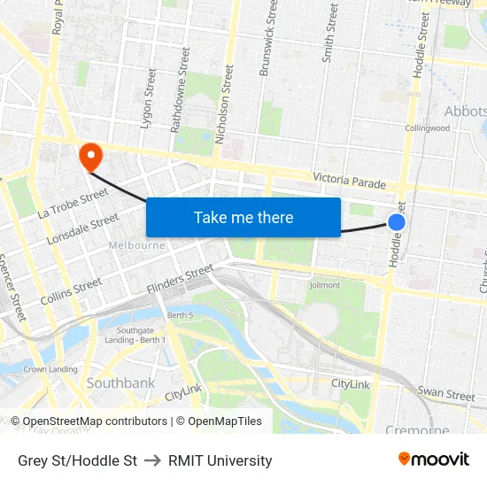 Grey St/Hoddle St to RMIT University map