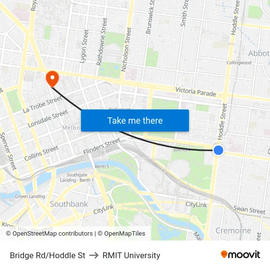 Bridge Rd/Hoddle St to RMIT University map