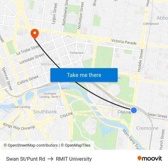 Swan St/Punt Rd to RMIT University map