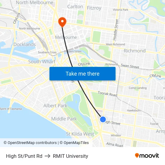 High St/Punt Rd to RMIT University map