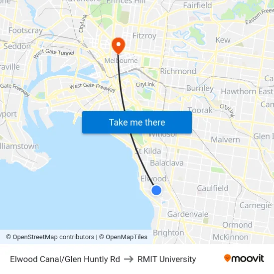 Elwood Canal/Glen Huntly Rd to RMIT University map