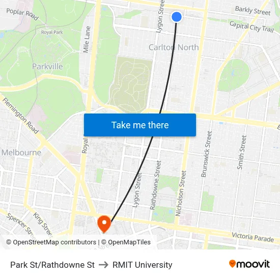Park St/Rathdowne St to RMIT University map