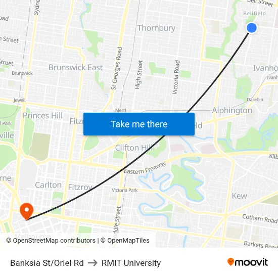 Banksia St/Oriel Rd to RMIT University map