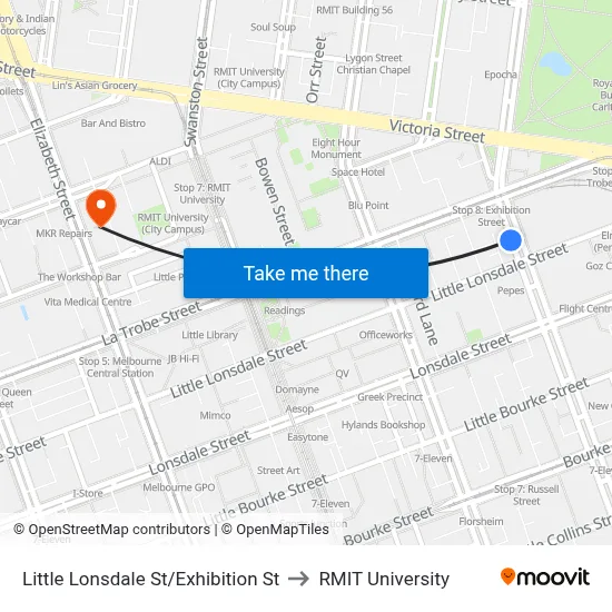 Little Lonsdale St/Exhibition St to RMIT University map