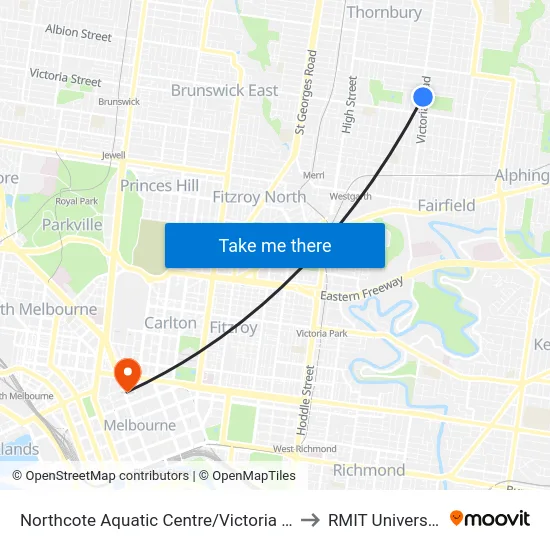 Northcote Aquatic Centre/Victoria Rd to RMIT University map