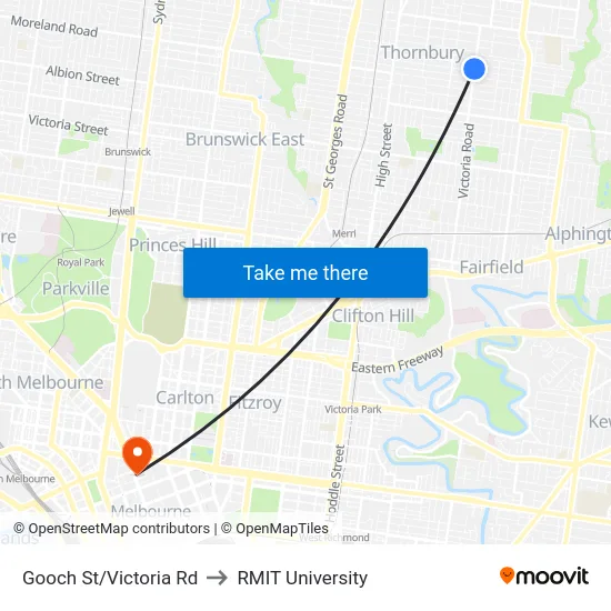 Gooch St/Victoria Rd to RMIT University map