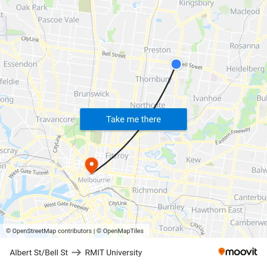 Albert St/Bell St to RMIT University map