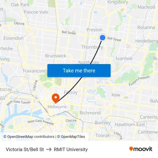 Victoria St/Bell St to RMIT University map