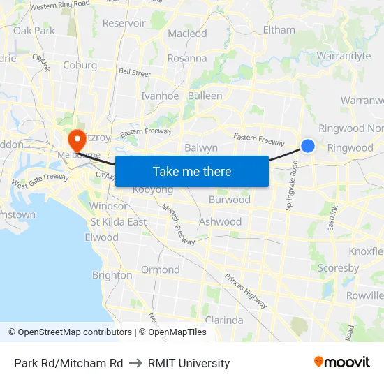 Park Rd/Mitcham Rd to RMIT University map
