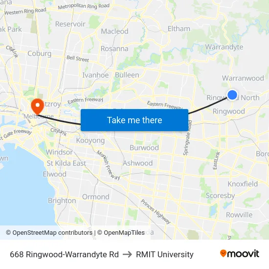 668 Ringwood-Warrandyte Rd to RMIT University map