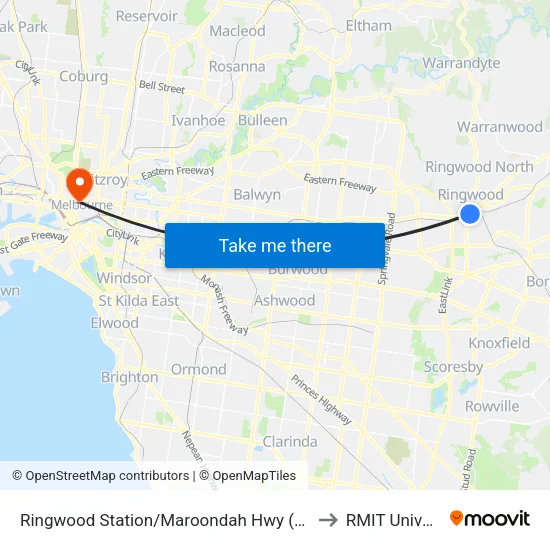 Ringwood Station/Maroondah Hwy to RMIT University map