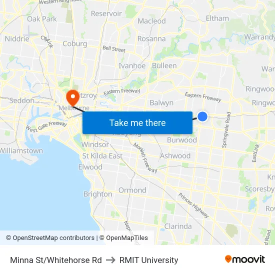 Minna St/Whitehorse Rd to RMIT University map