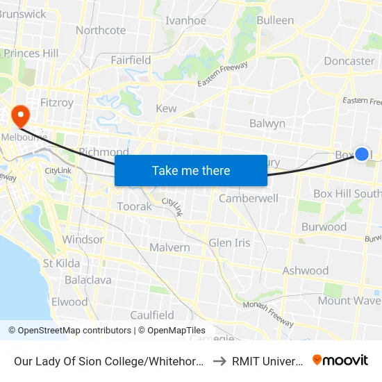 Our Lady Of Sion College/Whitehorse Rd to RMIT University map