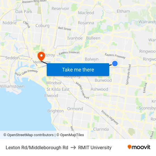 Lexton Rd/Middleborough Rd to RMIT University map
