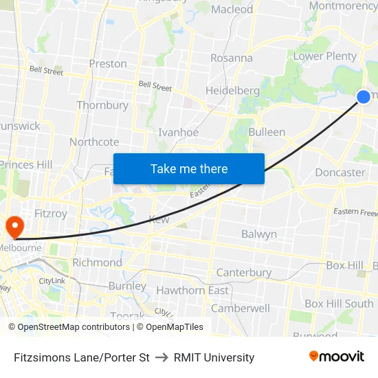 Fitzsimons Lane/Porter St to RMIT University map