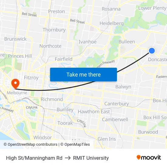 High St/Manningham Rd to RMIT University map
