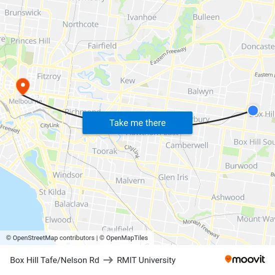 Box Hill Tafe/Nelson Rd to RMIT University map