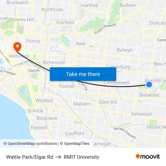 Wattle Park/Elgar Rd to RMIT University map
