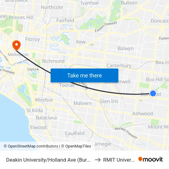 Deakin University/Holland Ave to RMIT University map