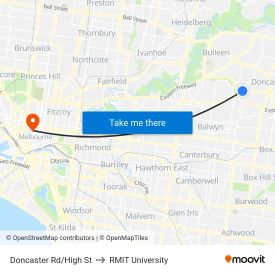 Doncaster Rd/High St to RMIT University map