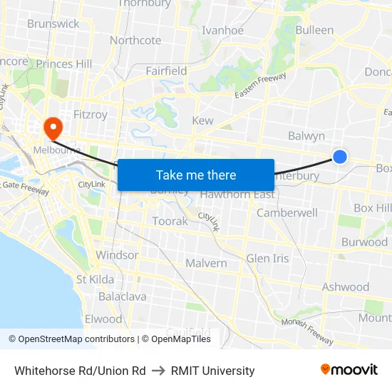 Whitehorse Rd/Union Rd to RMIT University map