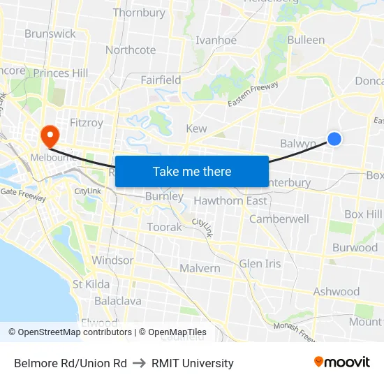 Belmore Rd/Union Rd to RMIT University map